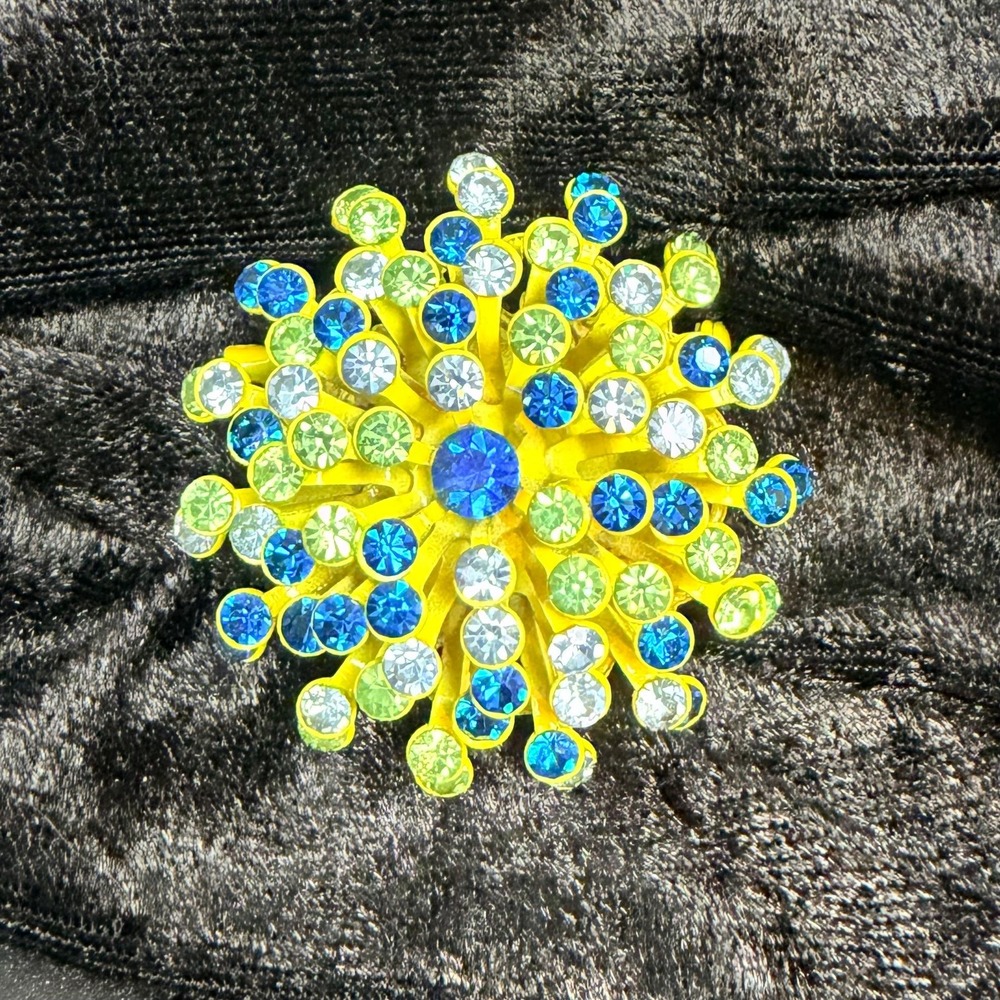 Vintage Atomic Brooch Yellow Blue Green Clear Rhinestones Sputnik Starburst - Picture 8 of 14